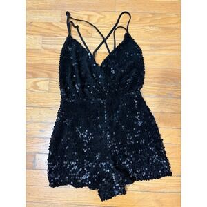 Black Sequin Romper Size Small Surplice Open Back Party Birthday Clubwear